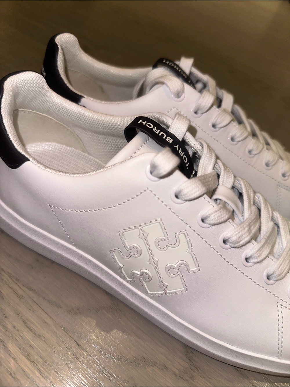 Tory Burch White Leather Sneakers with Black Heel Accent - Picture 3 of 7